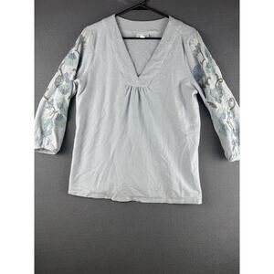 J Jill Striped Embroidered Floral Blouse Womens S Blue White 3/4 Sleeve Cotton